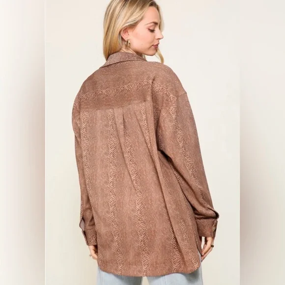 Womens Oversized Brown Button-Front Shacket Jacket - Picture 5 of 5